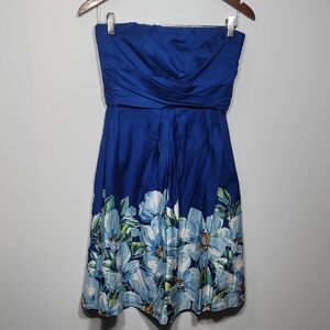 Donna Ricco Strapless Dress in Royal Blue with White Floral Accents